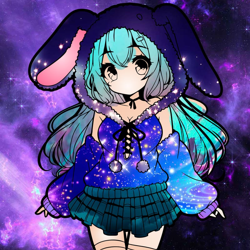 pretty anime girl wearing a fluffy hoodie with bunny ears on the hood and a skirt