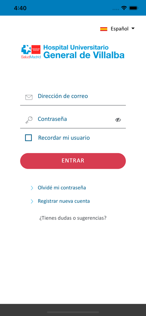 H.U. General de Villalba - Login screen for the H.U. General de Villalba patient portal app