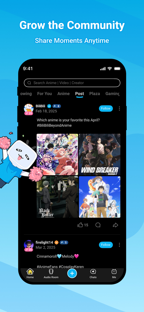 Ein Screenshot des BiliBili App Social Feeds, der Anime-bezogene Beiträge und Community-Interaktionen in einer Dark-Mode-Oberfläche zeigt