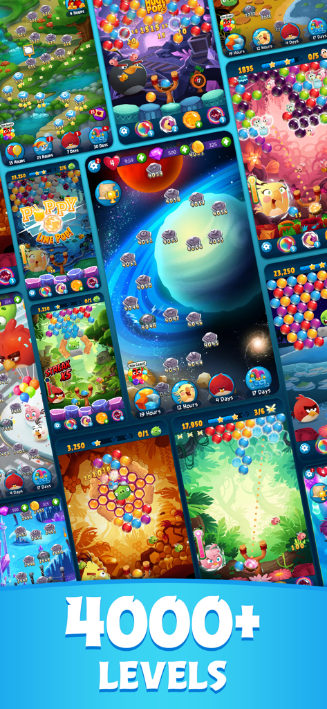 Angry Birds POP! - A collage of various gameplay screens from Angry Birds POP highlighting thousands of bubble shooter levels