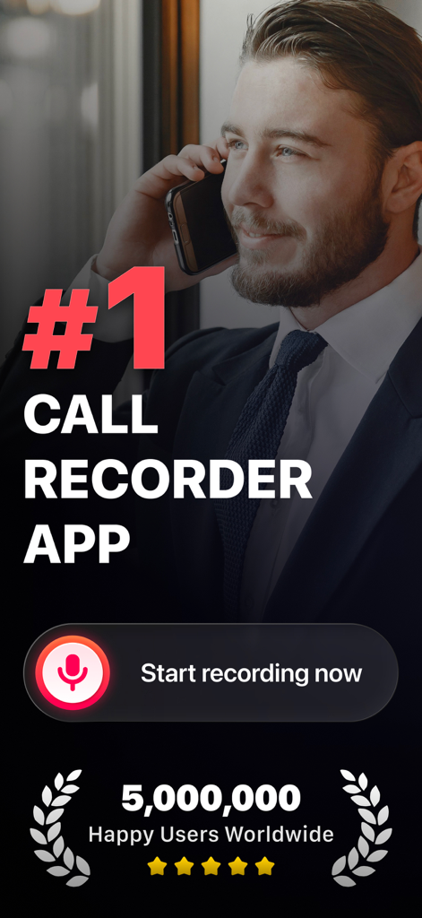 Call Recorder ™ Record Phone - iPhoneでビジネス向けのナンバーワン評価の通話録音アプリを使用しているスーツ姿のプロフェッショナルな男性