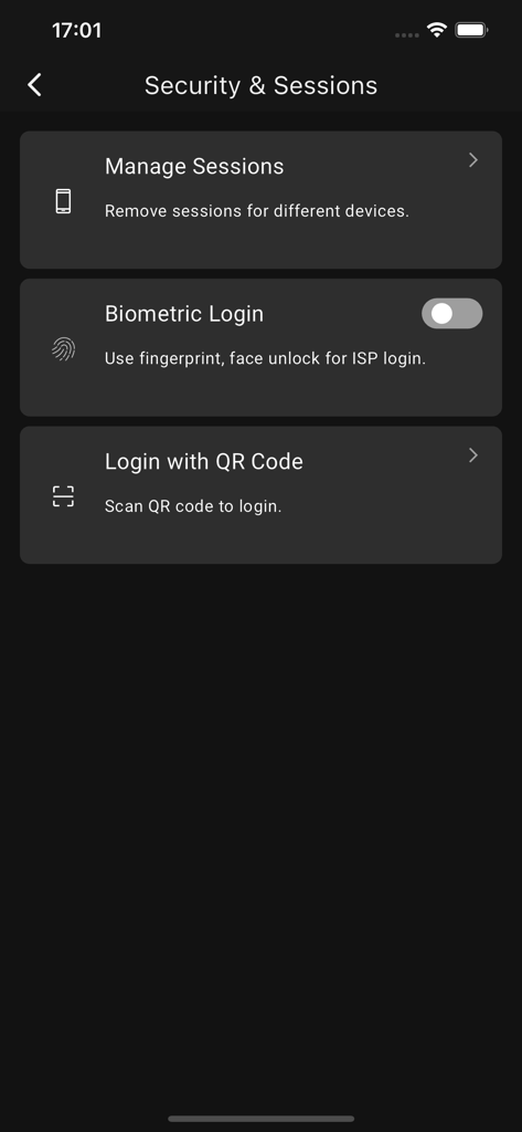 NetTV - Security and sessions screen of the NetTV app showing options for session management biometric login and QR code login