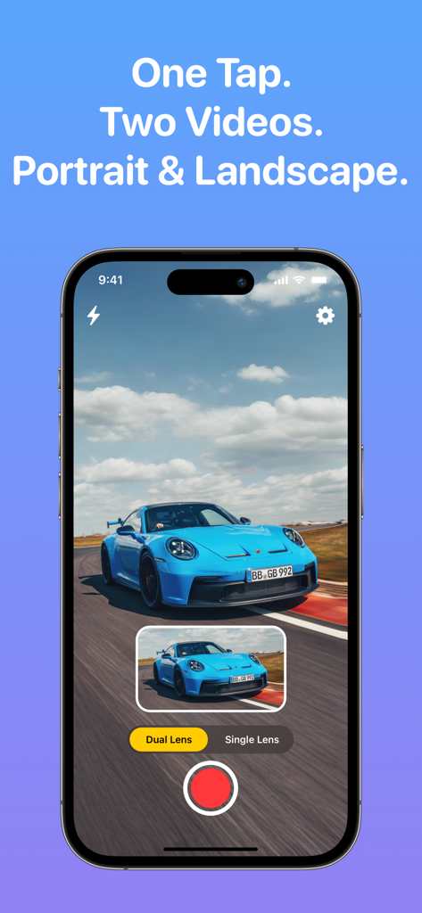 2Shot: Dual Shot Recorder - 2Shot app interface capturing a blue racing car in vertical and horizontal modes simultaneously