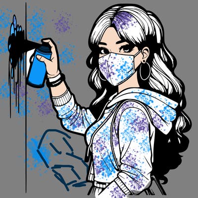 realistic girl with mask spray painting a wall