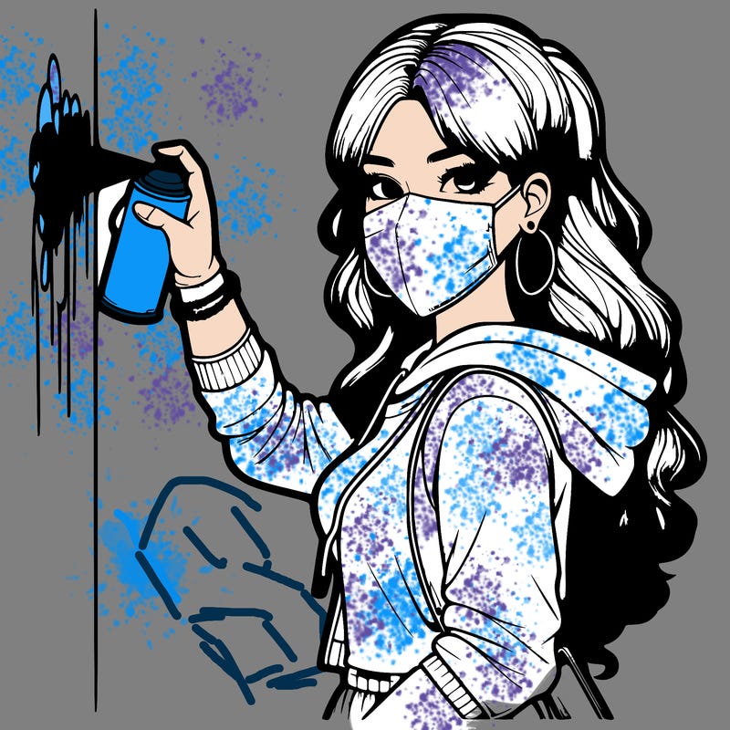 realistic girl with mask spray painting a wall