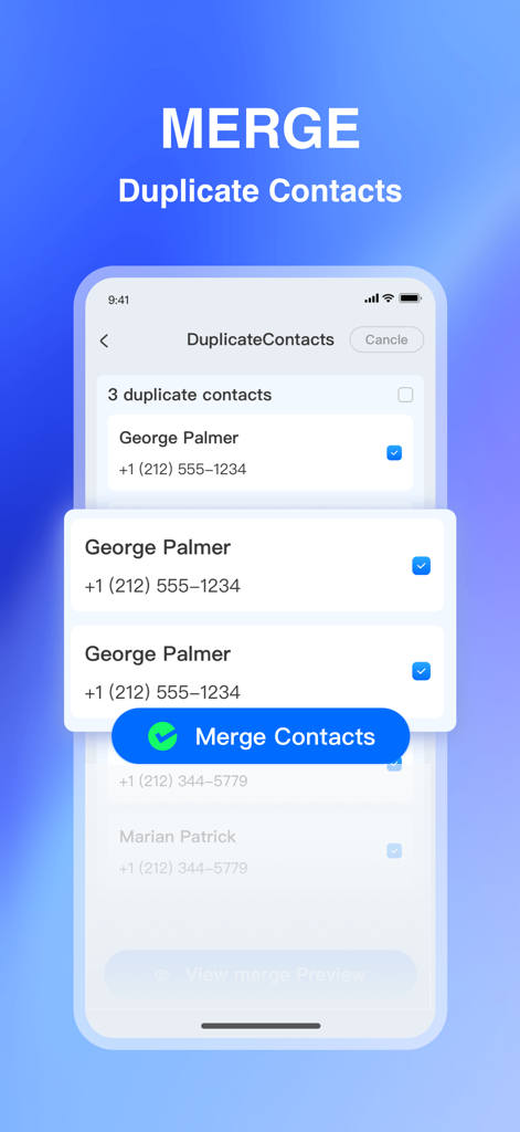 AI Cleaner-Clean Storage Space - Screenshot of the AI Cleaner app showing the feature to merge duplicate contacts on an iPhone.