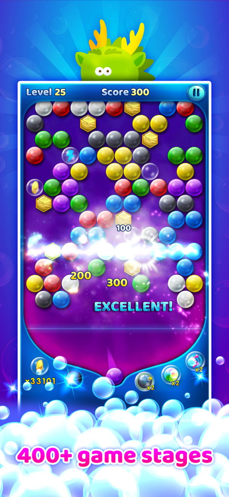 Screenshot of Bubble Mania gameplay showing colorful bubbles and a lightning clearing effect on level twenty five