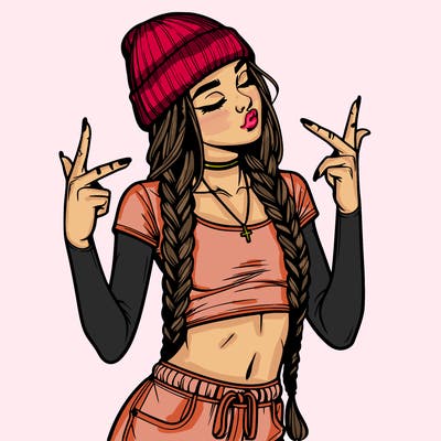 realistic teenage girl with braids and a beanie and crop top doing 🫶🏼