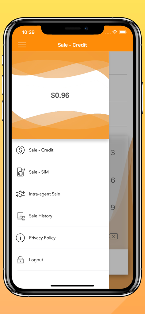 Menu de navegação do app Smart POS Belize exibindo opções de vendas e agentes