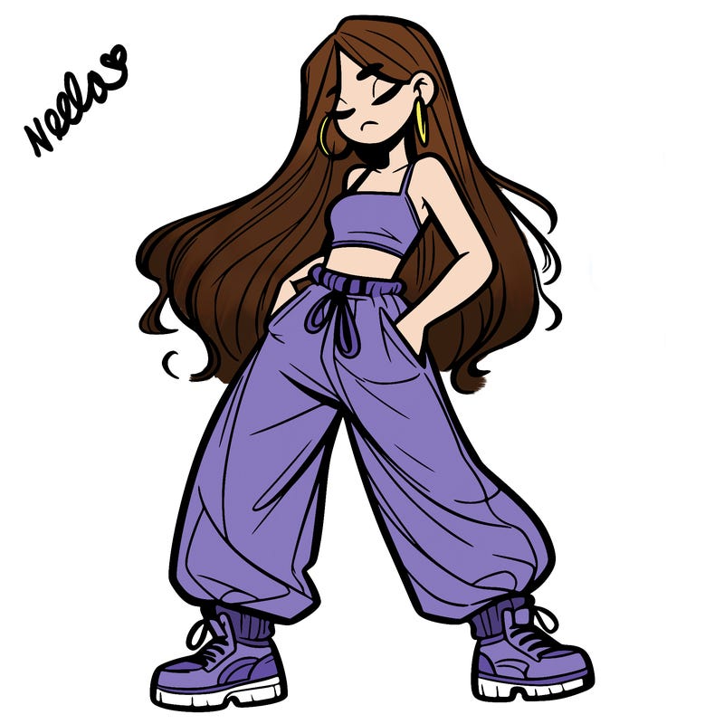 girl in baggy pants crop top and long hair