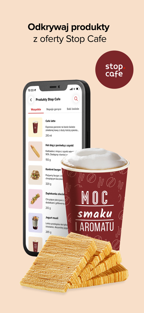 A smartphone displaying the Stop Cafe product menu within the ORLEN VITAY mobile app featuring coffee and snacks.