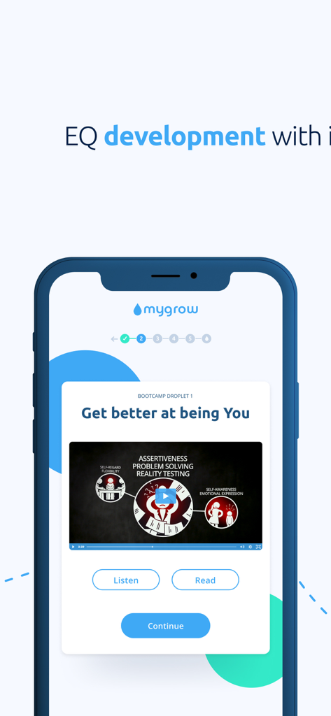 Mygrow - Develop EQ - Mygrow app interface showing a video lesson titled Get better at being You focused on emotional intelligence development.