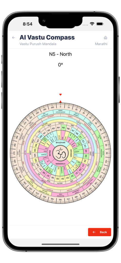 AI Vastu Compass - A detailed 32 direction Vastu Purush Mandala compass displayed on a smartphone screen showing North at zero degrees