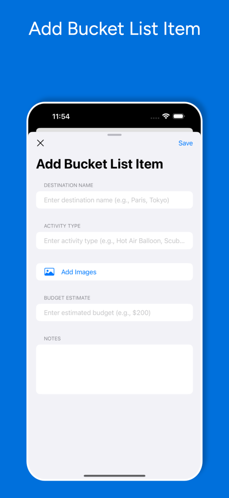 Mobile app interface for adding a new bucket list item with fields for destination activity and budget