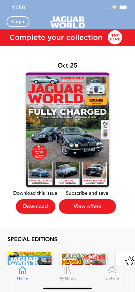 Aplicativo Jaguar World Magazine exibindo a capa da edição de Outubro de 2025 e opções de assinatura