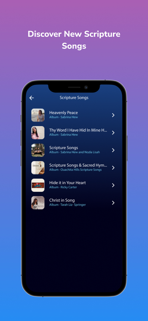 MusicVerse - A mobile interface of the MusicVerse app displaying a list of scripture songs and religious music albums.
