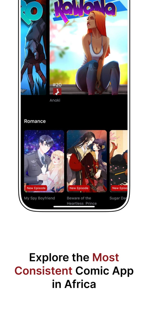 Zebra Comics - Interface de l'application Zebra Comics montrant des BD africaines en vedette et des titres dans la catégorie romance