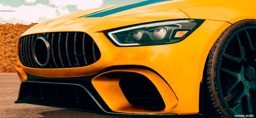 Close up of a customized yellow sports car with detailed headlights and black rims