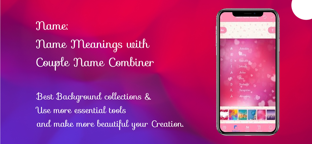 Naming: Name Meaning, Combiner - Bannière promotionnelle pour l'application Naming montrant les significations de noms et la fonction de combinaison de noms de couple sur un écran de smartphone