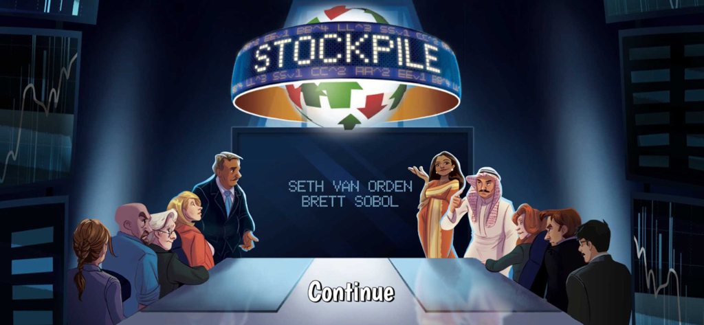 Stockpile Game - Tela de introdução do Jogo Stockpile mostrando diversos investidores em volta de uma mesa de diretoria
