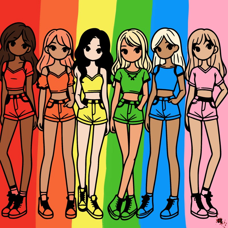 a group of girls wearing crop tops and shorts