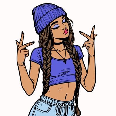 realistic teenage girl with braids and a beanie and crop top doing 🫶🏼