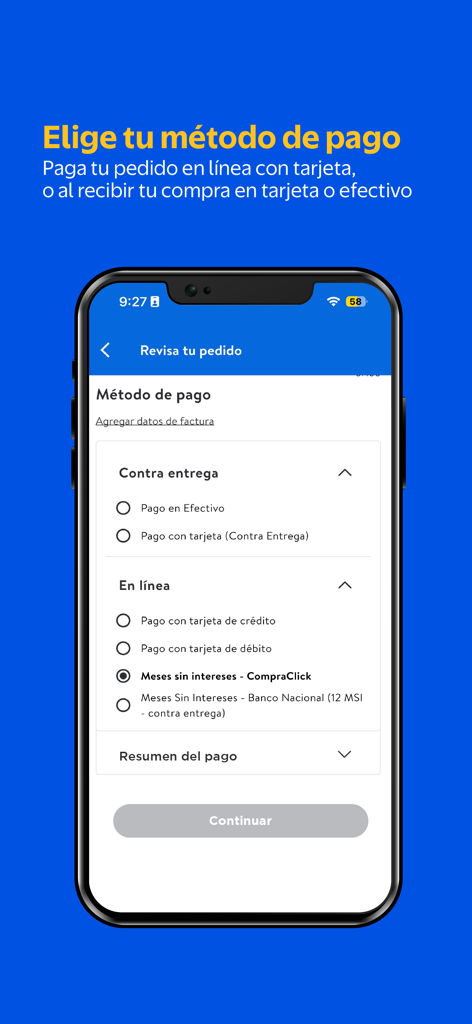 Walmart Centroamérica - Pantalla de selección de métodos de pago en la aplicación Walmart Centroamerica