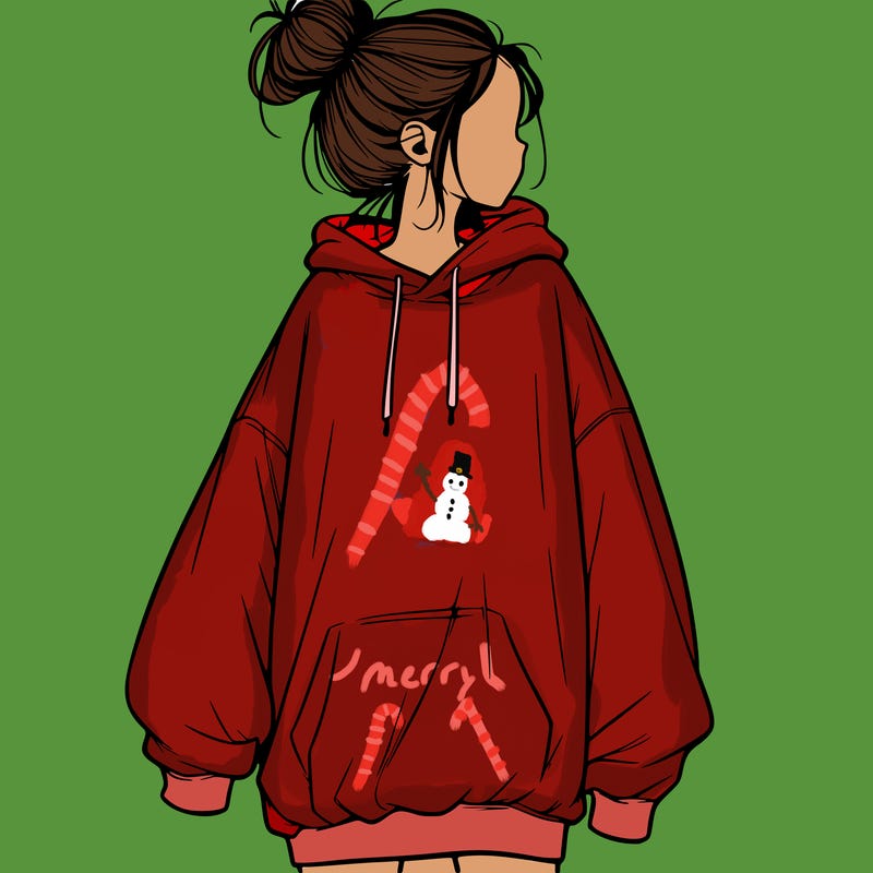 realistic girl with a oversized sweatshirt on and a bun