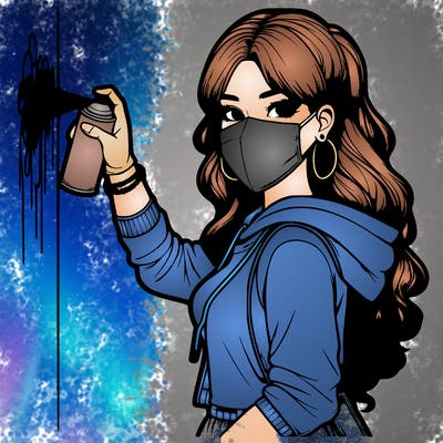 realistic girl with mask spray painting a wall