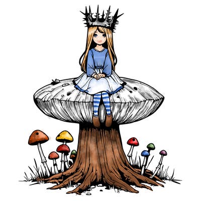 realistic girl sitting on a huge tree stump size toadstool with thorn crown