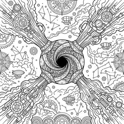 Embark on an extraordinary journey through a celestial steampunk landscape with this captivating coloring page. Featuring powerful black hole jets re-imagined with intricate gears and Victorian machinery, it offers a unique blend of cosmic wonder and industrial charm.