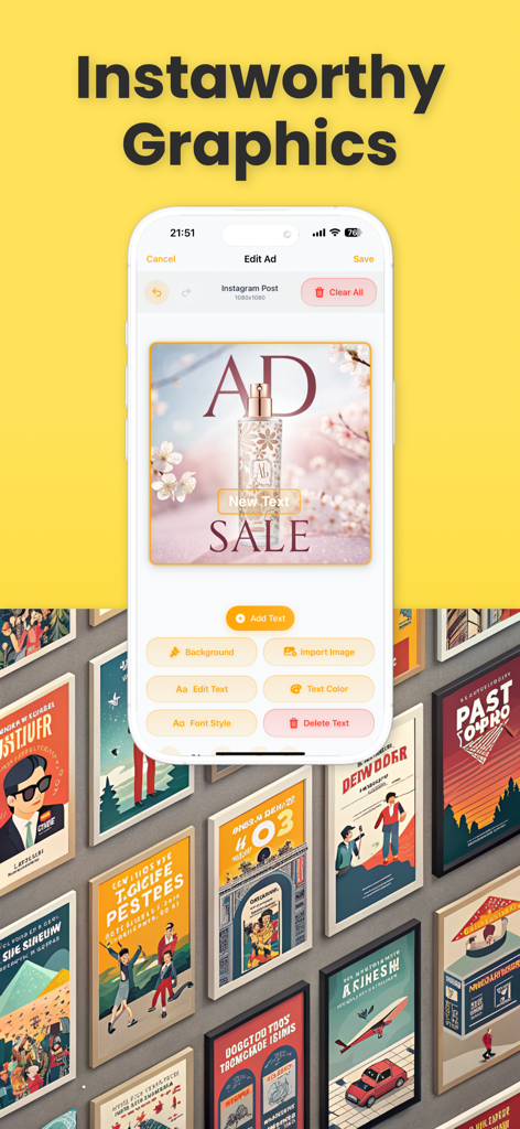 AIポスターメーカーのモバイルアプリインターフェース。Instagram広告とさまざまなポスターテンプレートを表示