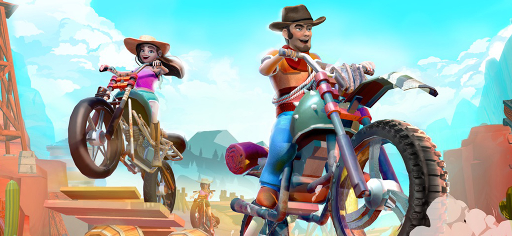 Mountain Bike Xtreme Racing - Dos personajes de dibujos animados con sombreros de vaquero montando bicicletas de montaña en una rampa de madera en un cañón desértico.