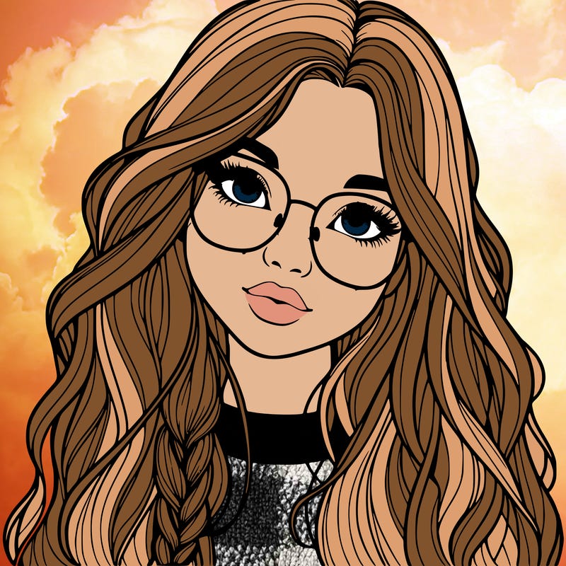 girl with long hair and freckles and glasses realistic