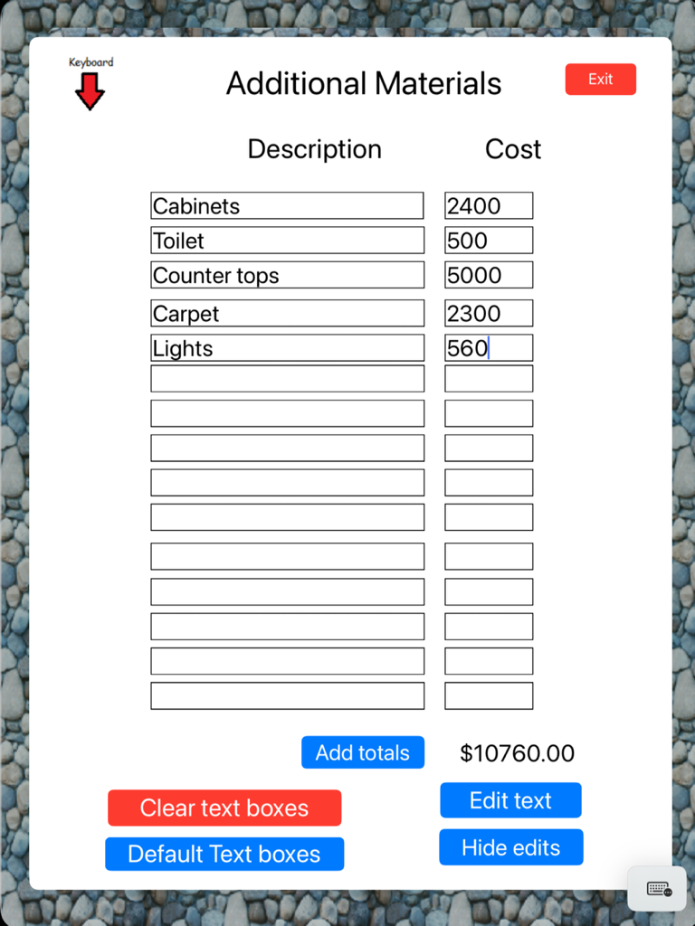 Estimate HD - An iPad screen from the Estimate HD app showing a list of additional construction materials like cabinets and toilets with their associated costs and a calculated total