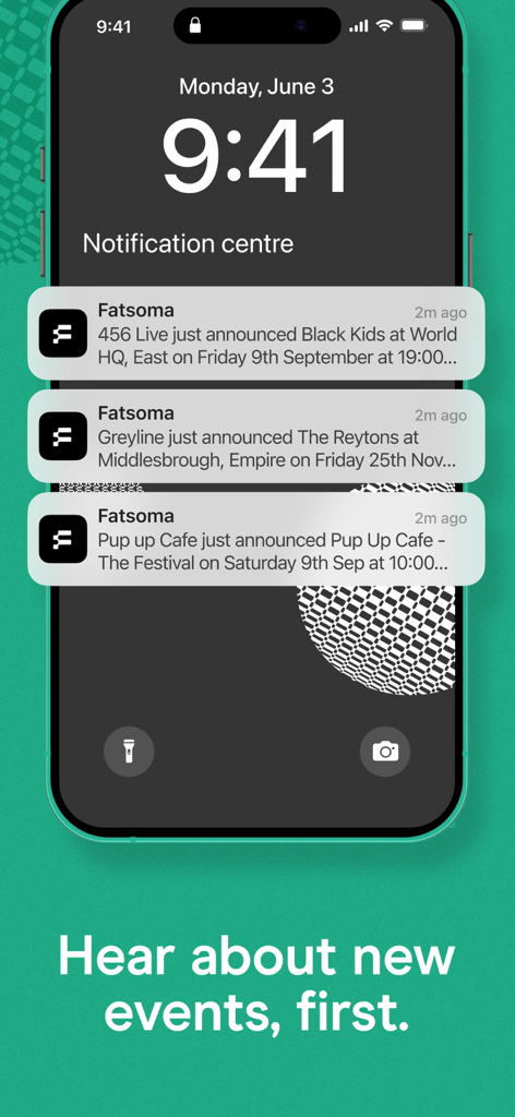 Fatsomaからの新しいライブイベントや音楽フェスティバルの発表に関するプッシュ通知が表示されているスマートフォンのロック画面。