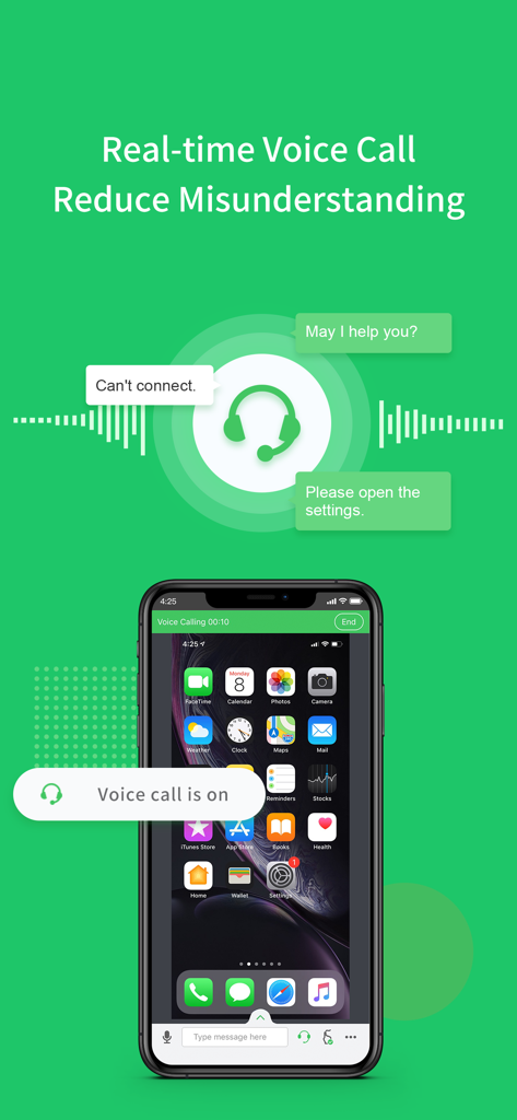 AirMirror - Remote Support - Interfaz de la aplicación AirMirror que demuestra una llamada de voz en tiempo real durante una sesión de compartir pantalla remota