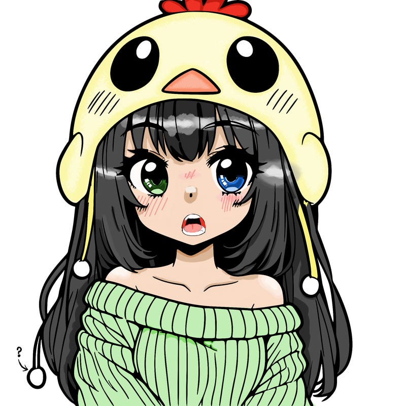 anime girl with chick shaped hat with sweater with bare shoulders with bangs covering them one eye with low tail