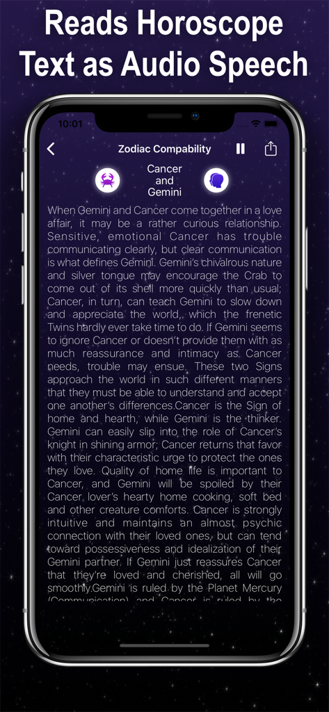 오디오 음성 옵션과 함께 게자리와 쌍둥이자리의 별자리 궁합 분석을 보여주는 운세 앱 화면
