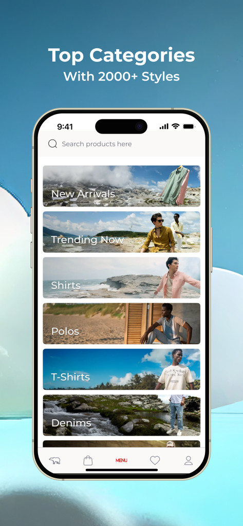 The Bear House mobile app screen displaying fashion categories like shirts, polos, and t-shirts for men.