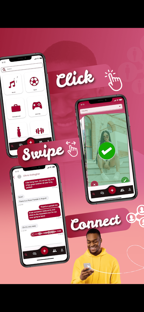 Connect App! - Una imagen promocional de Connect App que muestra el proceso de hacer clic en categorías de interés, deslizar perfiles y conectar a través del chat.