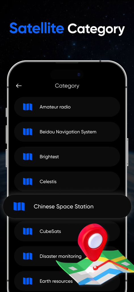 Track Satellite :Find Position - A mobile interface showing satellite categories such as Chinese Space Station and Beidou Navigation System