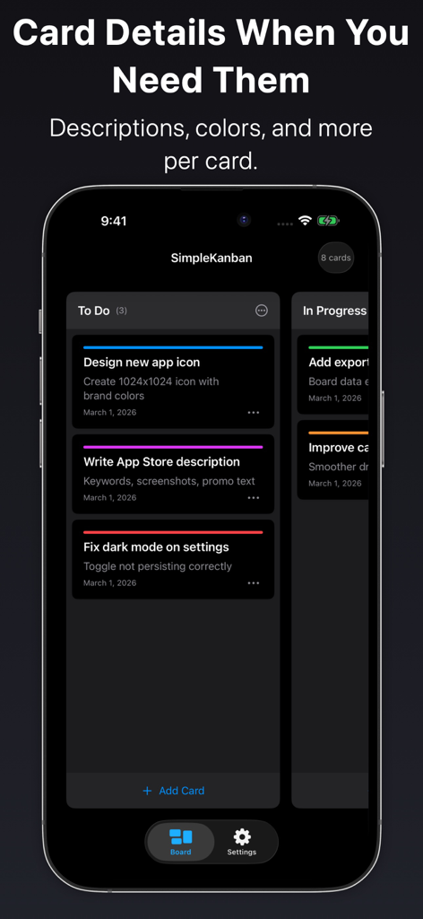 SimpleKanban: Tasks Board - Quadro de tarefas SimpleKanban mostrando detalhes do cartão com descrições e rótulos de cores