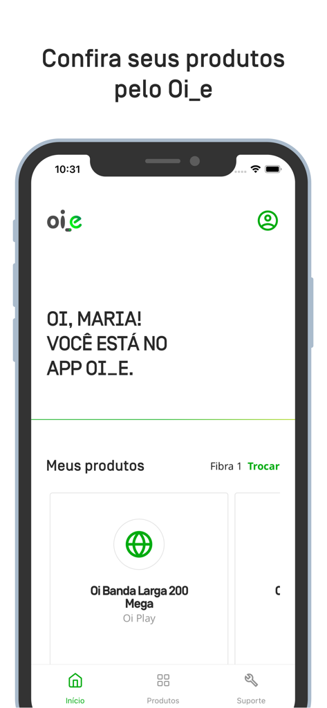 Oi_e - Oi_e mobile app interface showing a user dashboard with broadband internet product details and navigation menu.