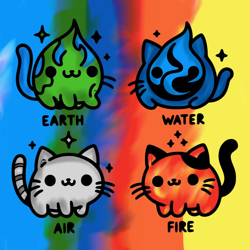 4 cats that represent the different elements, earth, water, air, and fire