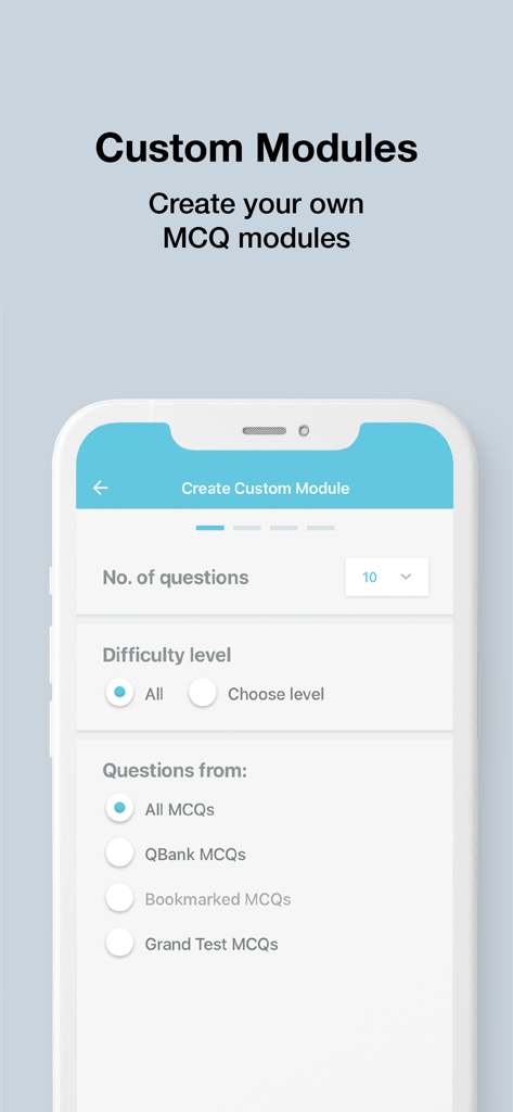 MARROW - for NEET PG & NEXT - Interface for creating custom MCQ modules with question count and difficulty settings in the Marrow app