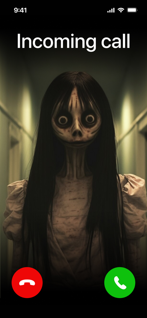 Horror Games & Chat Stories - Una chiamata in arrivo simulata da un personaggio femminile inquietante in un corridoio buio all'interno di un'app di storie chat horror