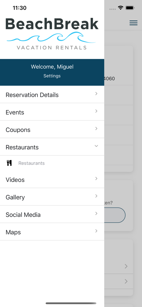 Happy Stays X - Happy Stays X app side menu showing reservation details and local guides for BeachBreak Vacation Rentals
