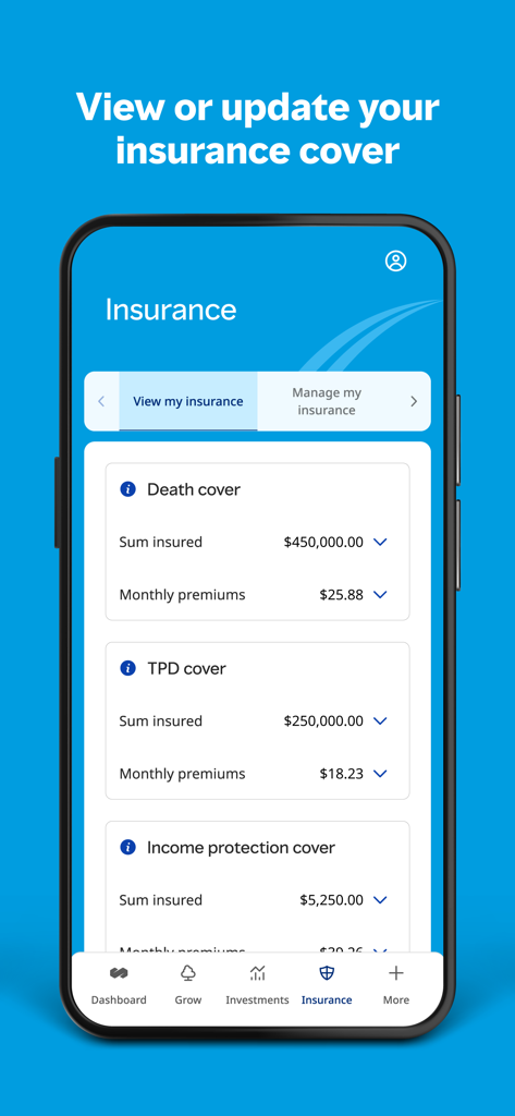 Mercer Super (Member App) - A mobile app interface displaying insurance coverage details for death TPD and income protection with sums insured and premiums.