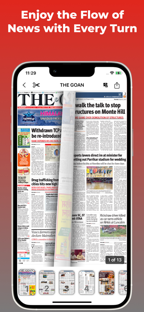 The Goan E-Paper app interface showing a digital newspaper page flip and thumbnail navigation